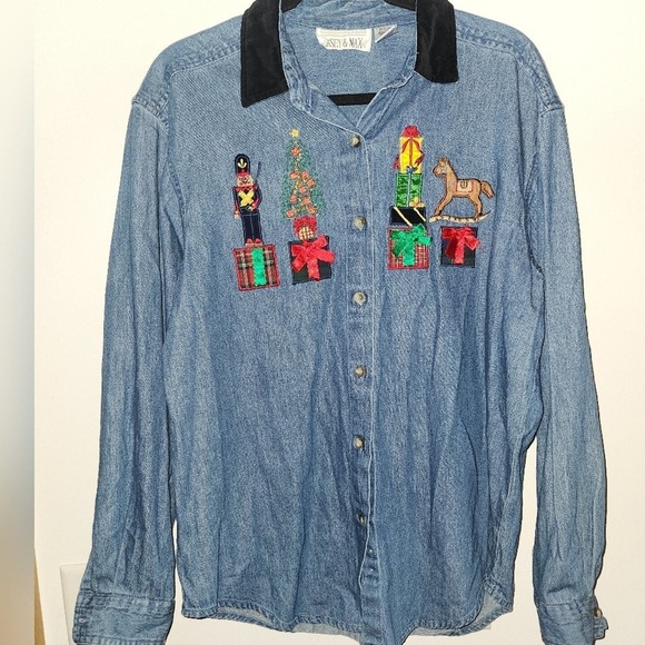 JASON & MAX Denim Christmas Embroidered Holiday Button Up‎ Shirt - Picture 1 of 10
